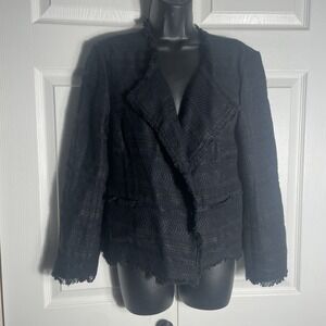 Ann Taylor Loft Jacket Women 6 Black Textured Long Sleeve Open Front Raw Hem Top